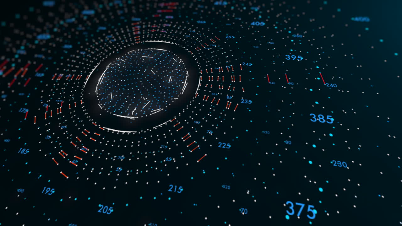 Glowing red central data core with numerical coordinates and connecting lines. Centralizing an active artificial intelligence processor or deep-learning neural network hub visualization