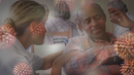 animación de células de macro coronavirus covid-19 que se extienden sobre un hombre afroamericano de alto rango y médicos