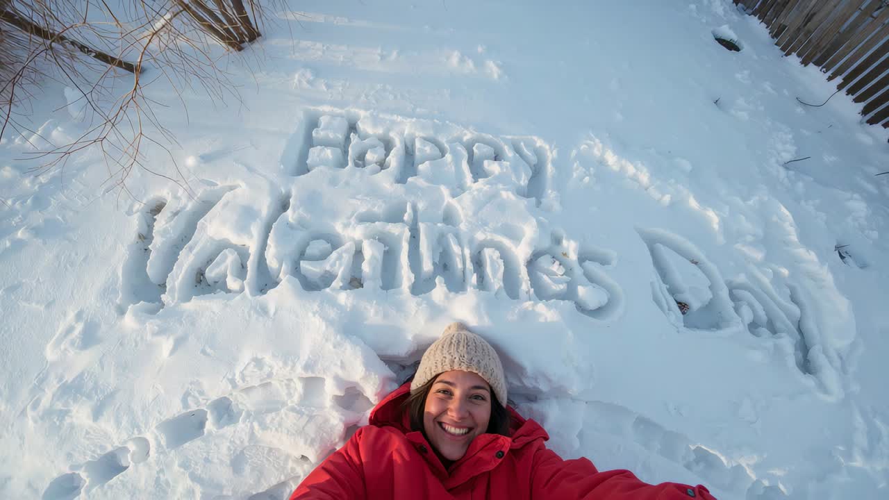 Overhead camera recording woman in red jacket lying in backyard celebrating Happy Valentine's Day