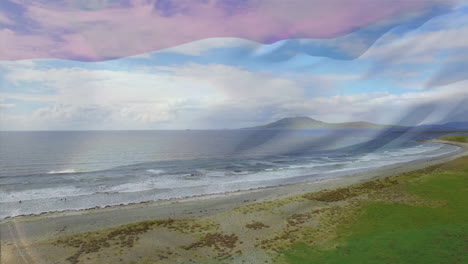 animation of flag of yemen blowing over beach landscape