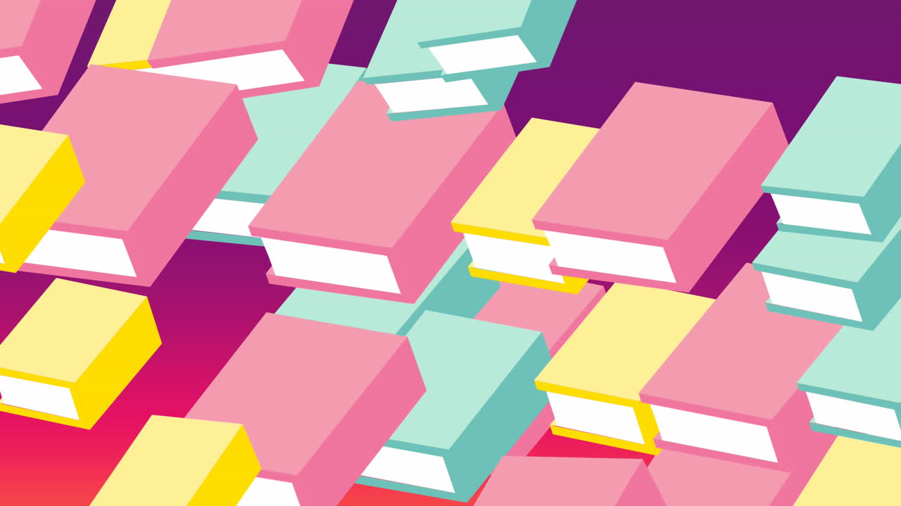 animación de múltiples iconos de libros flotando contra el espacio de copia en un fondo de gradiente púrpura.