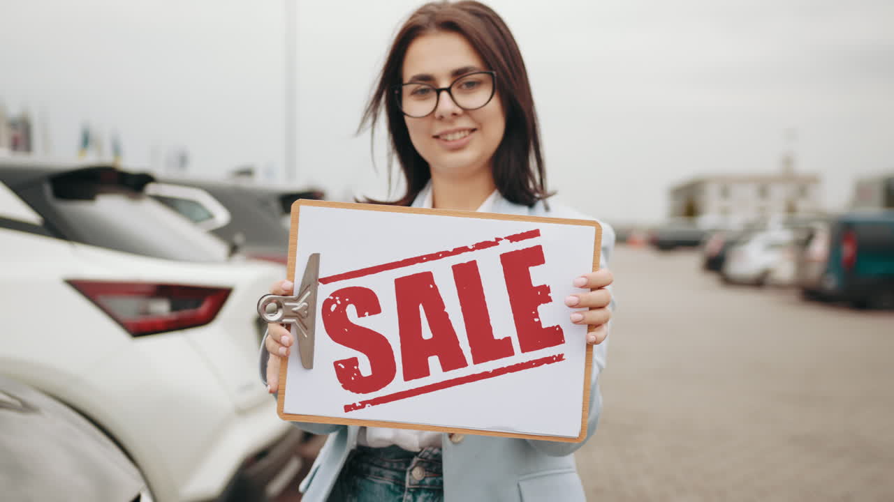 mujer sosteniendo un letrero de venta delante de los coches