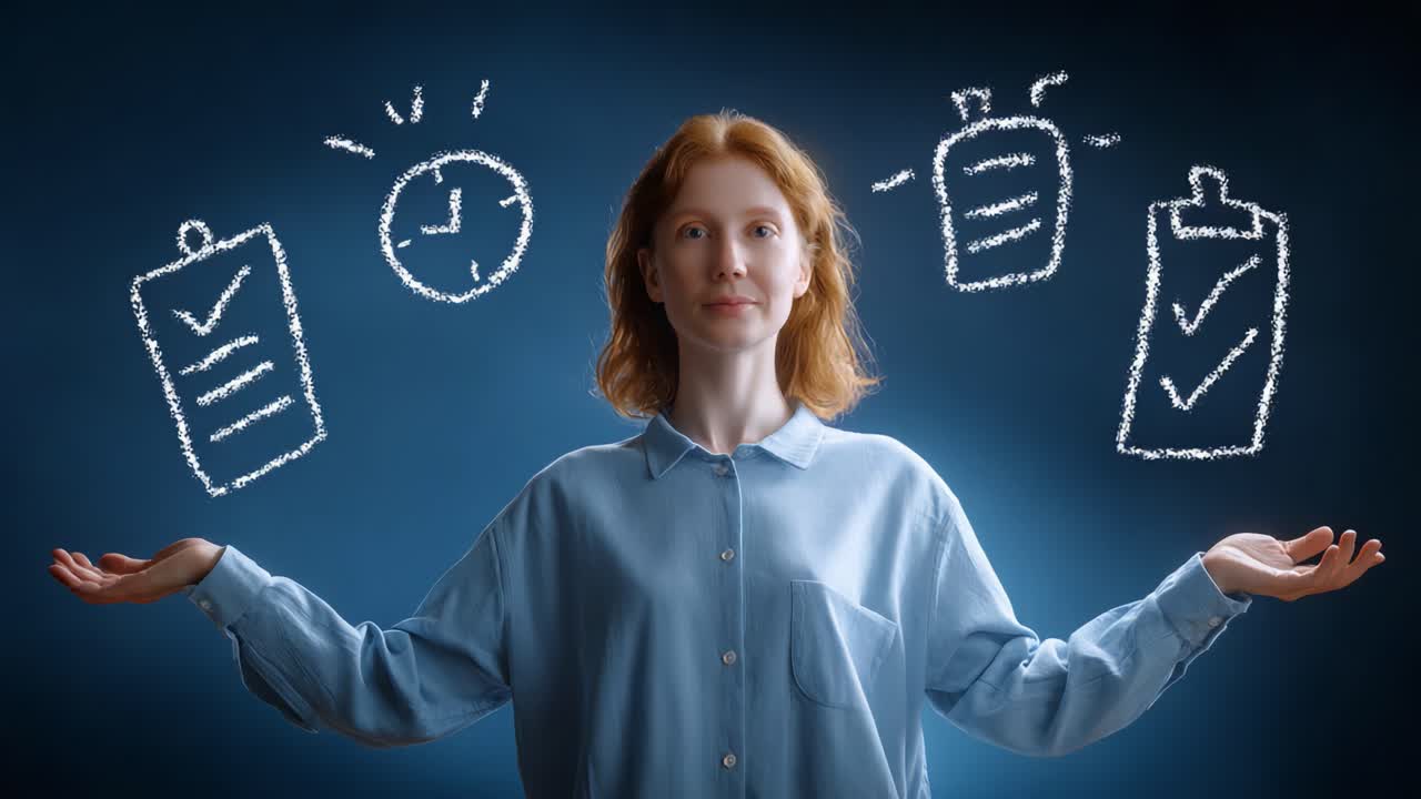 A confident individual balances various elements of time management and task completion, showcasing a thoughtful approach to productivity and organization through visual symbols
