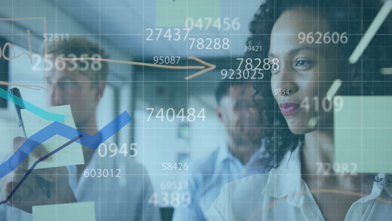 Animation of blue lines and data processing over diverse business people in office