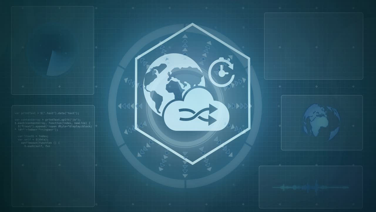 Center hexagon focusing and glowing causing outer icons fading, orbiting, pulsing ring showing flow