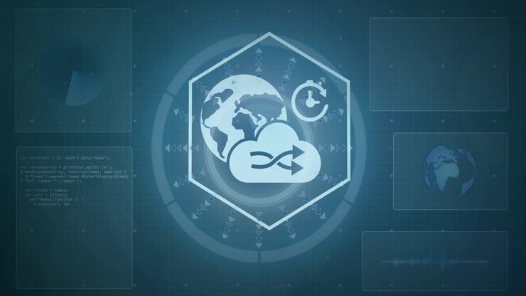 Center hexagon focusing and glowing causing outer icons fading, orbiting, pulsing ring showing flow