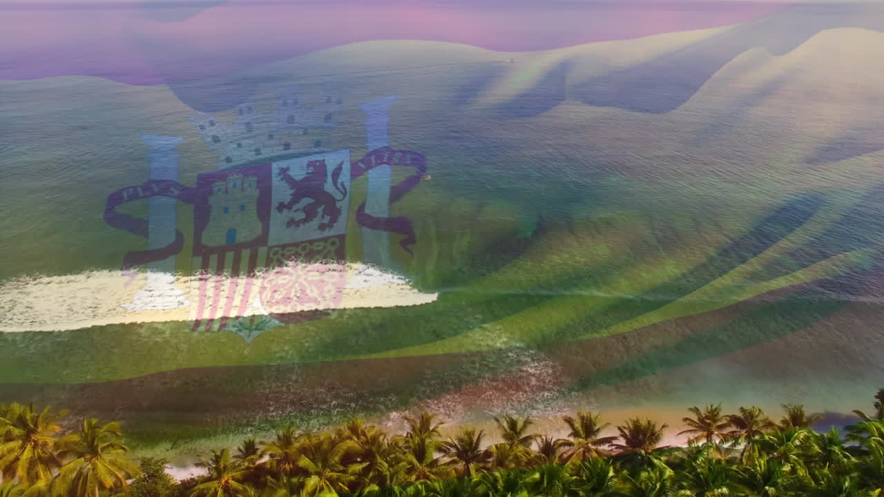 스페인 국기가 해변 해양 풍경 위에서 날아다니는 애니메이션