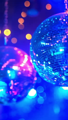 three disco balls hanging from the ceiling, one blue, one red, and one purple. the lights are bright and colorful, creating a festive atmosphere