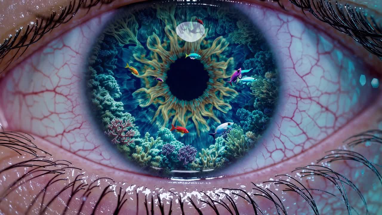 Colorful coral reef and marine creatures swimming within human eye, merging underwater world with visual imagination, revealing surreal marine landscape