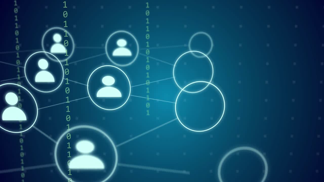 animación de la red de conexiones con iconos de medios sobre el procesamiento de datos, puntos en fondo azul.