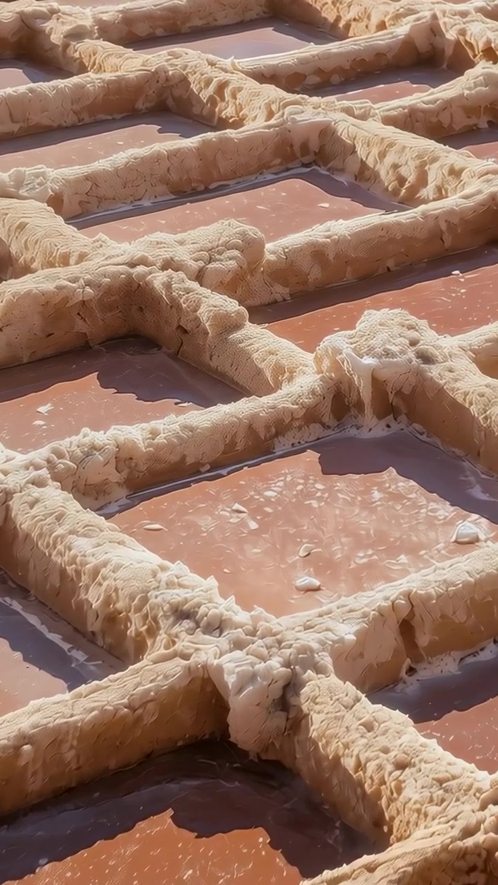 Video verticale: La telecamera si avvicina, rivelando la griglia delle vasche di sale alle saline, con salamoia e croste.