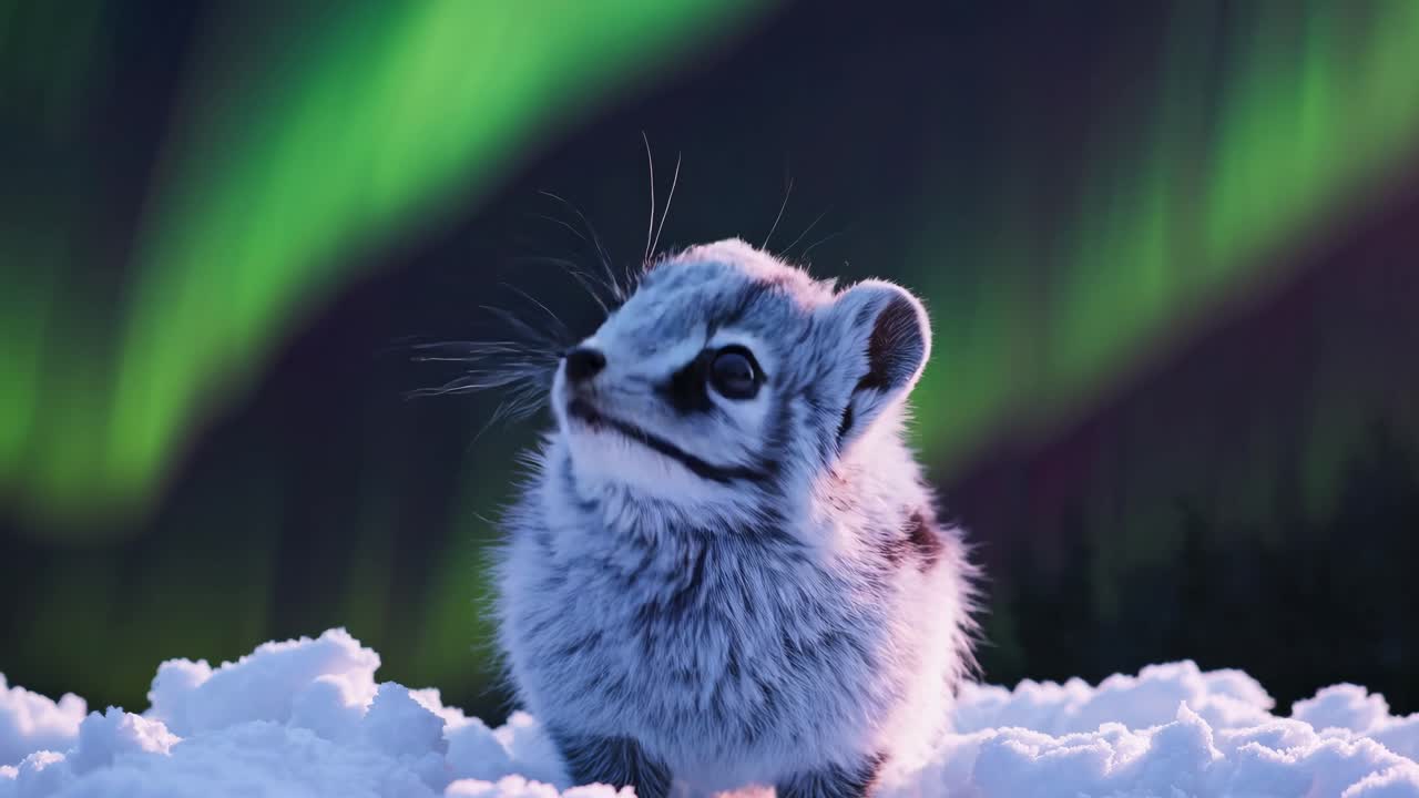 Small Arctic Mammal in Snowy Landscape with Aurora Borealis