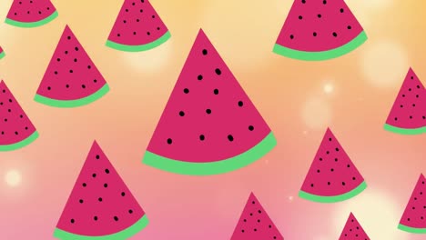 Animation-Von-Wassermelonen,-Die-über-Orangefarbenem-Und-Rosa-Hintergrund-Schweben