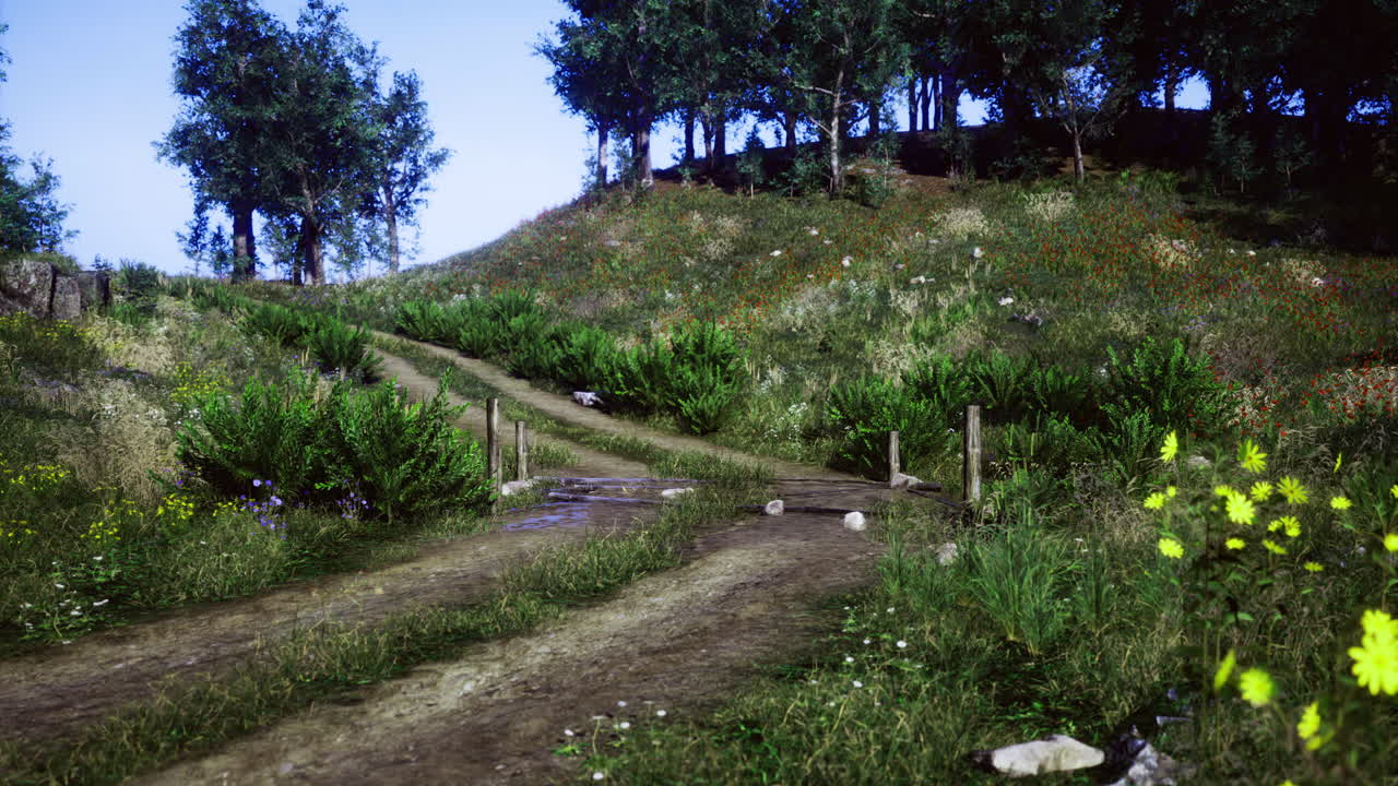 Scenic rural landscape with winding paths and lush greenery under bright sky