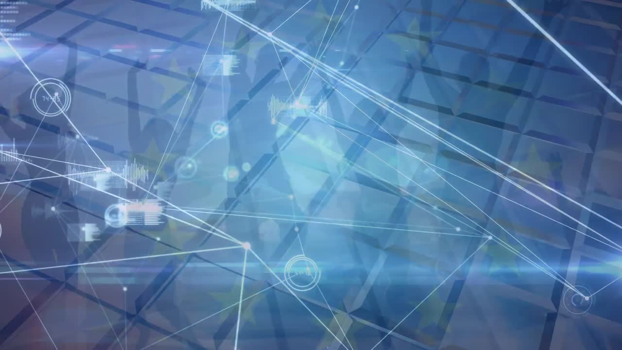 animación de la red de conexiones y bandera de la ue sobre diversas siluetas de personas