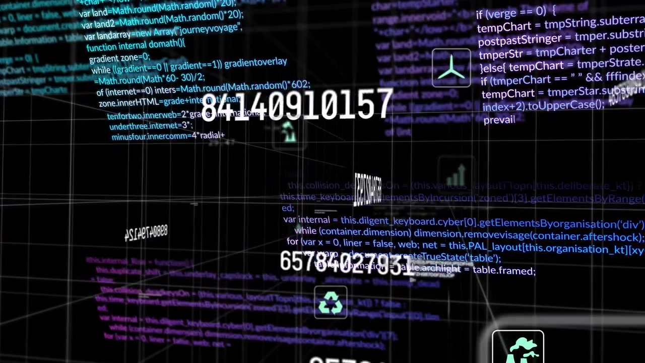 Camera moving forward via 3D grid numbers scaling, code panels aligning teal icons showing data