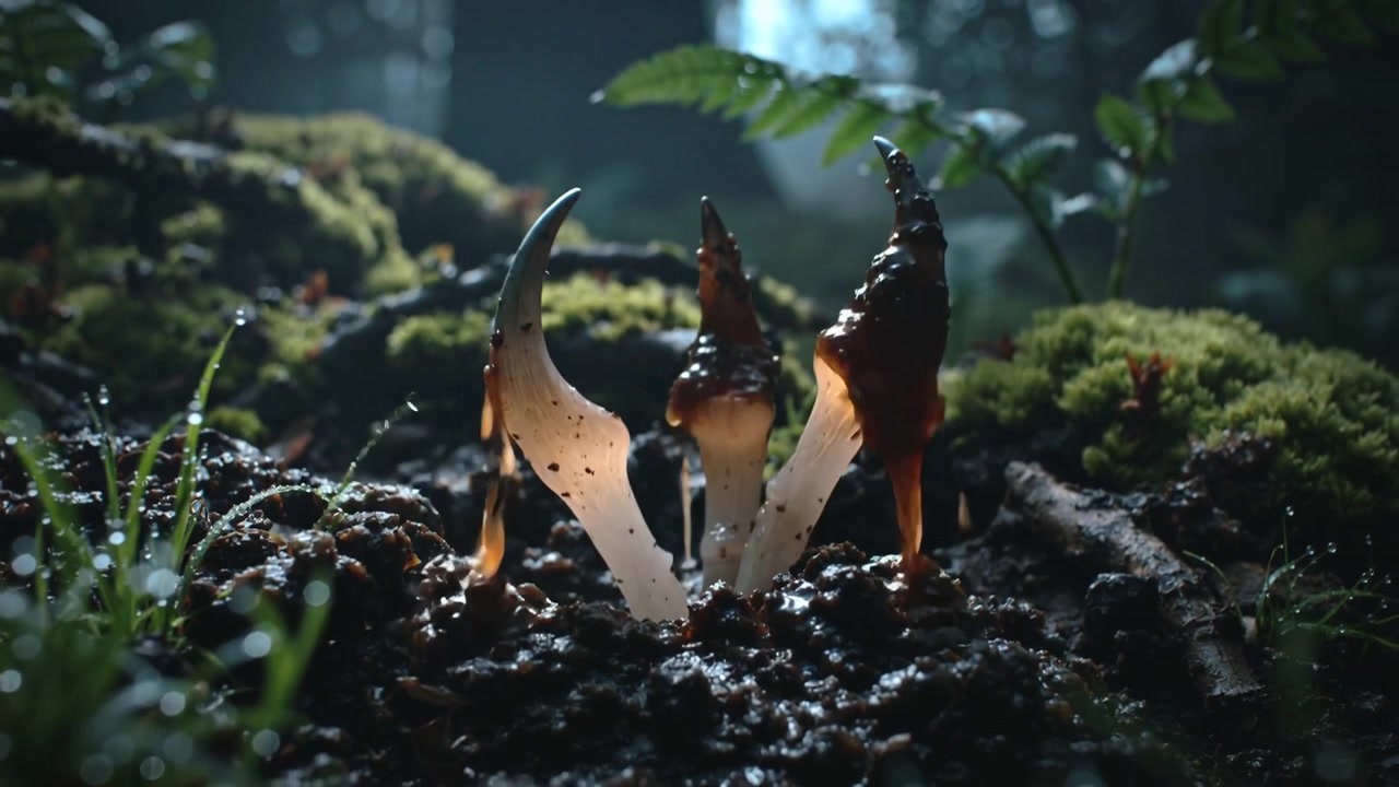 Responding to damp moss, three pale translucent stalks emerging after soil bulge, dripping amber