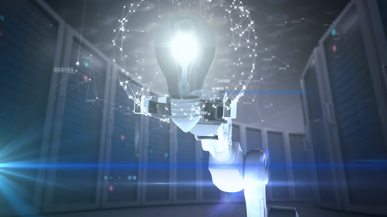 animación del brazo del robot y la bombilla con procesamiento de datos a través de servidores informáticos.
