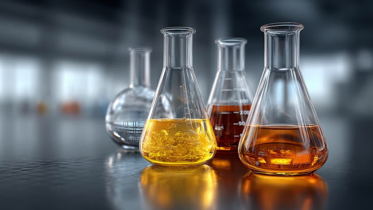 Et nærbilde av forskjellige laboratorieglass fylt med fargerike flytende stoffer på et laboratoriebord, som viser ulike nyanser og kjemiske reaksjoner.