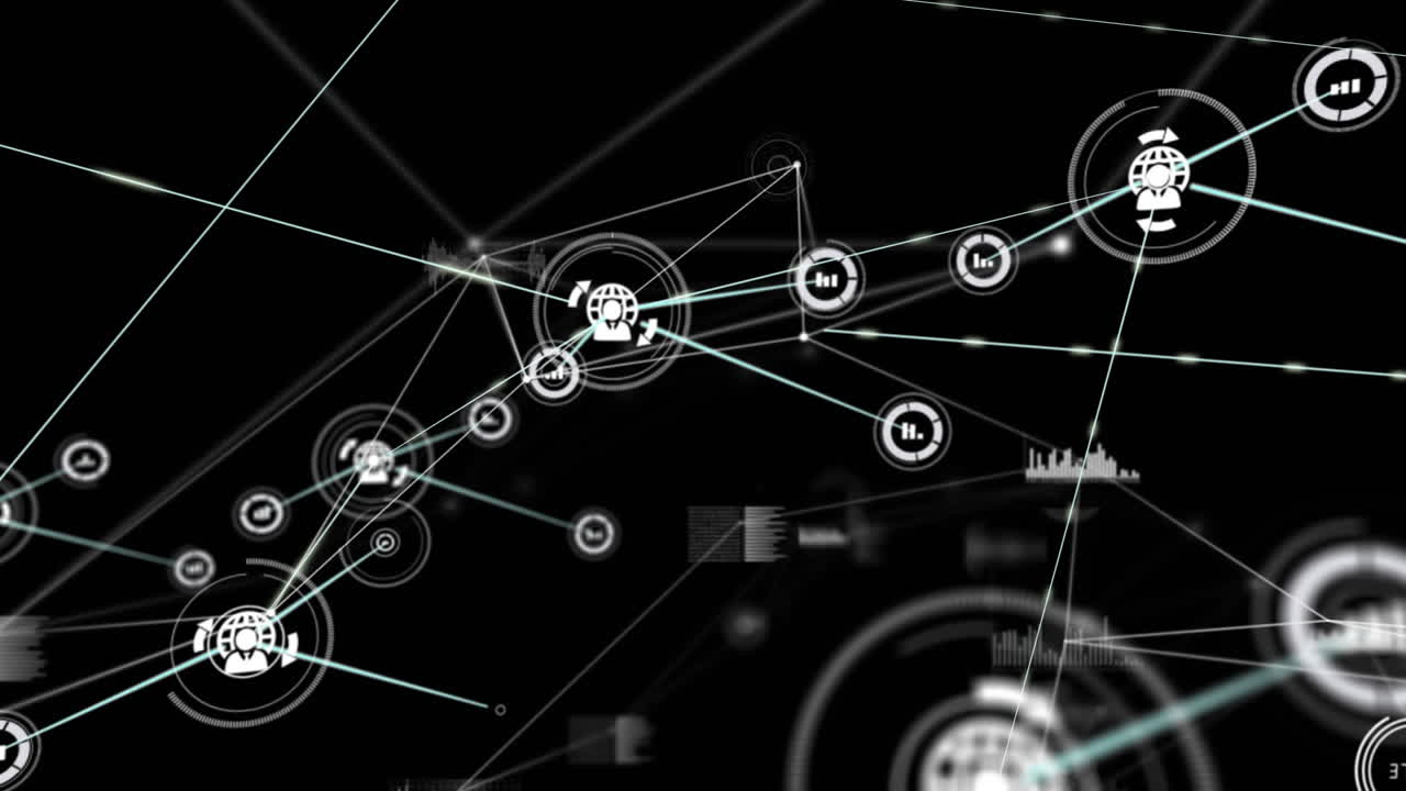 animación de redes de conexiones con iconos sobre fondo negro