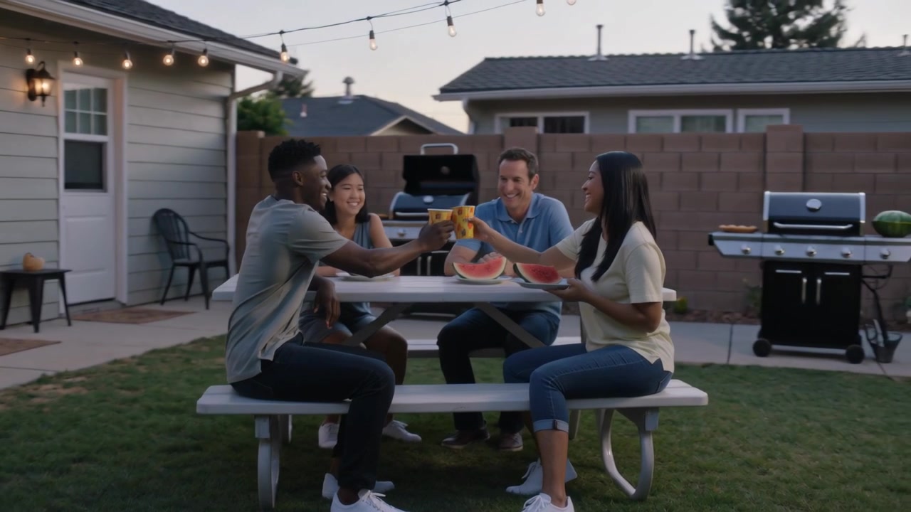 Raising cups, four friends clinking yellow cups toasting at backyard picnic table with watermelon