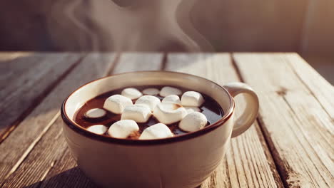steaming hot chocolate with marshmallows on a wooden table