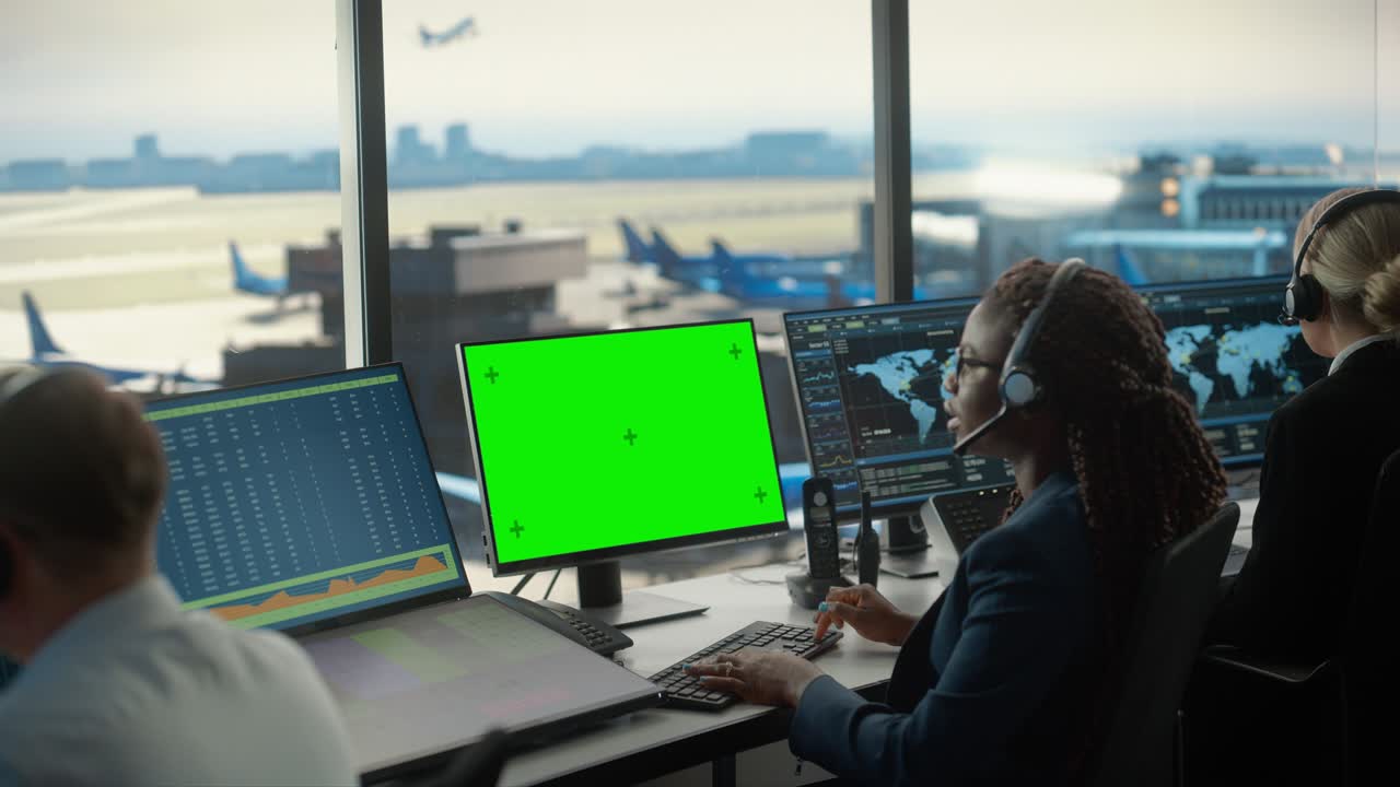 controllore del traffico aereo femminile con cuffie lavora al computer con schermo verde simulato nella torre dell'aeroporto. sala ufficio con display con schermi di navigazione, dati radar di volo dell'aereo per la squadra.