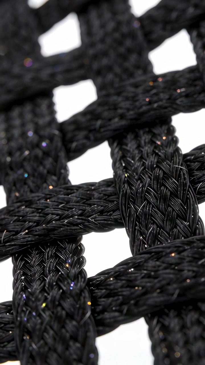 Vertikales Video: Kamera gleitet über ein schwarzes Kabel, zeigt Stränge und Glitzer auf Weiß für die Textur.