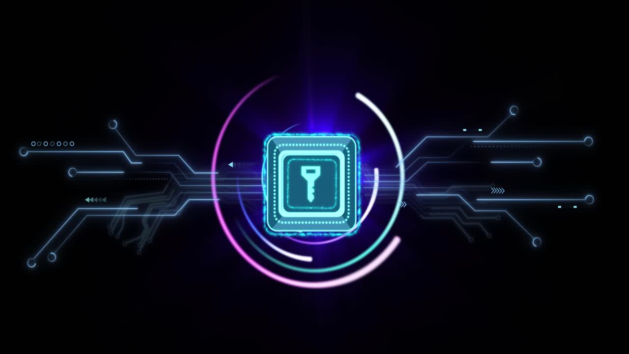 Dark backdrop starting glowing key emerging rotating neon arcs pulsing lines showing secure access