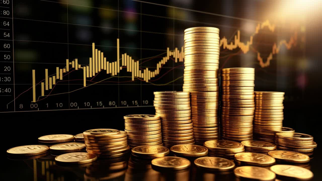 A low-angle shot of stacked gold coins with a glowing stock market chart in the background, perfect