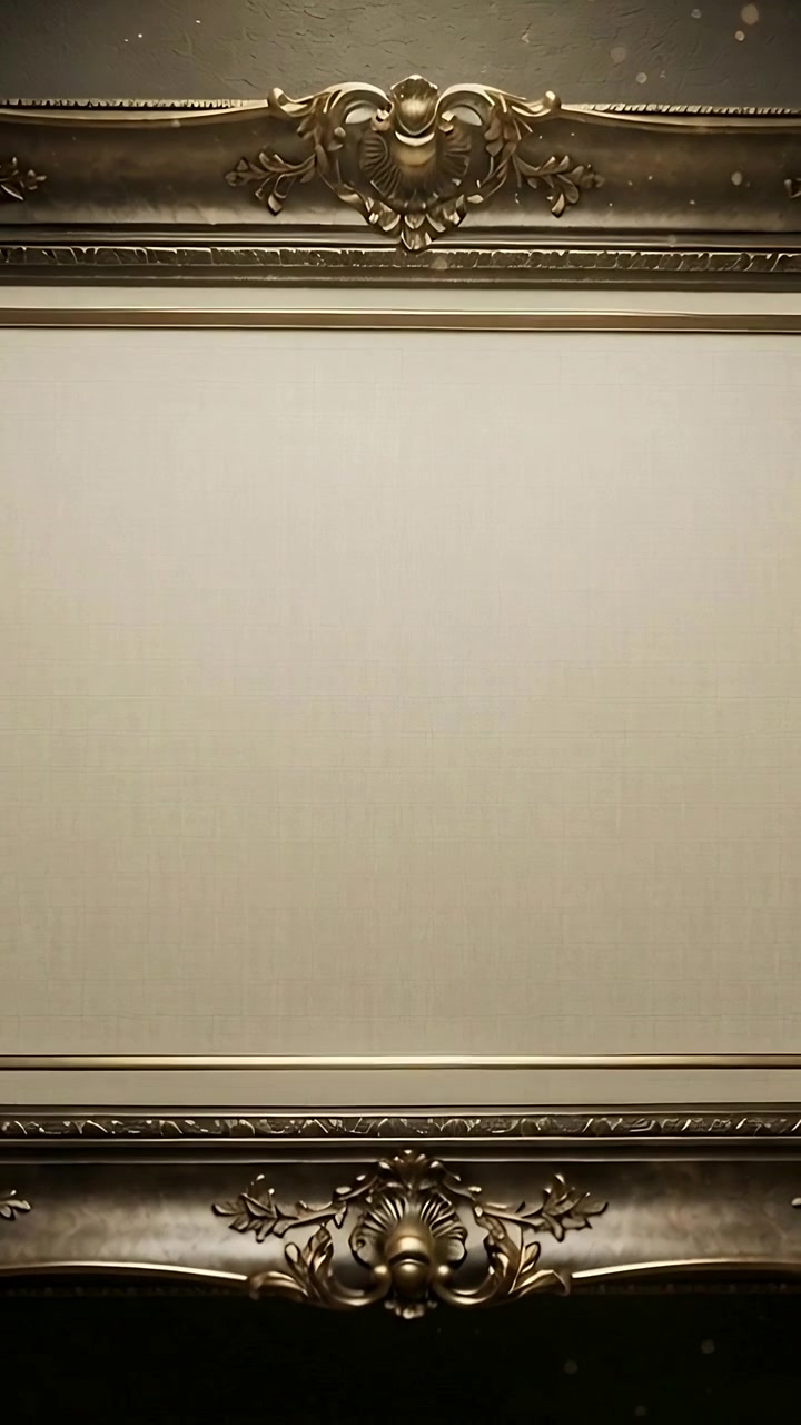 Verticale video: Verschuivende belichting, gouden lijst met leeg paneel dat de afwerking in een galerij benadrukt