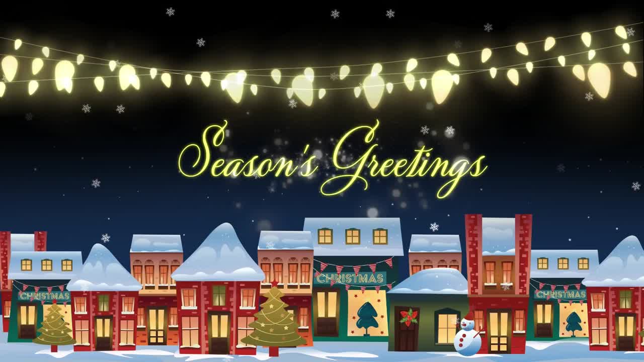 Animation of season's greetings text over snow falling, fairy lights and cityscape at christmas