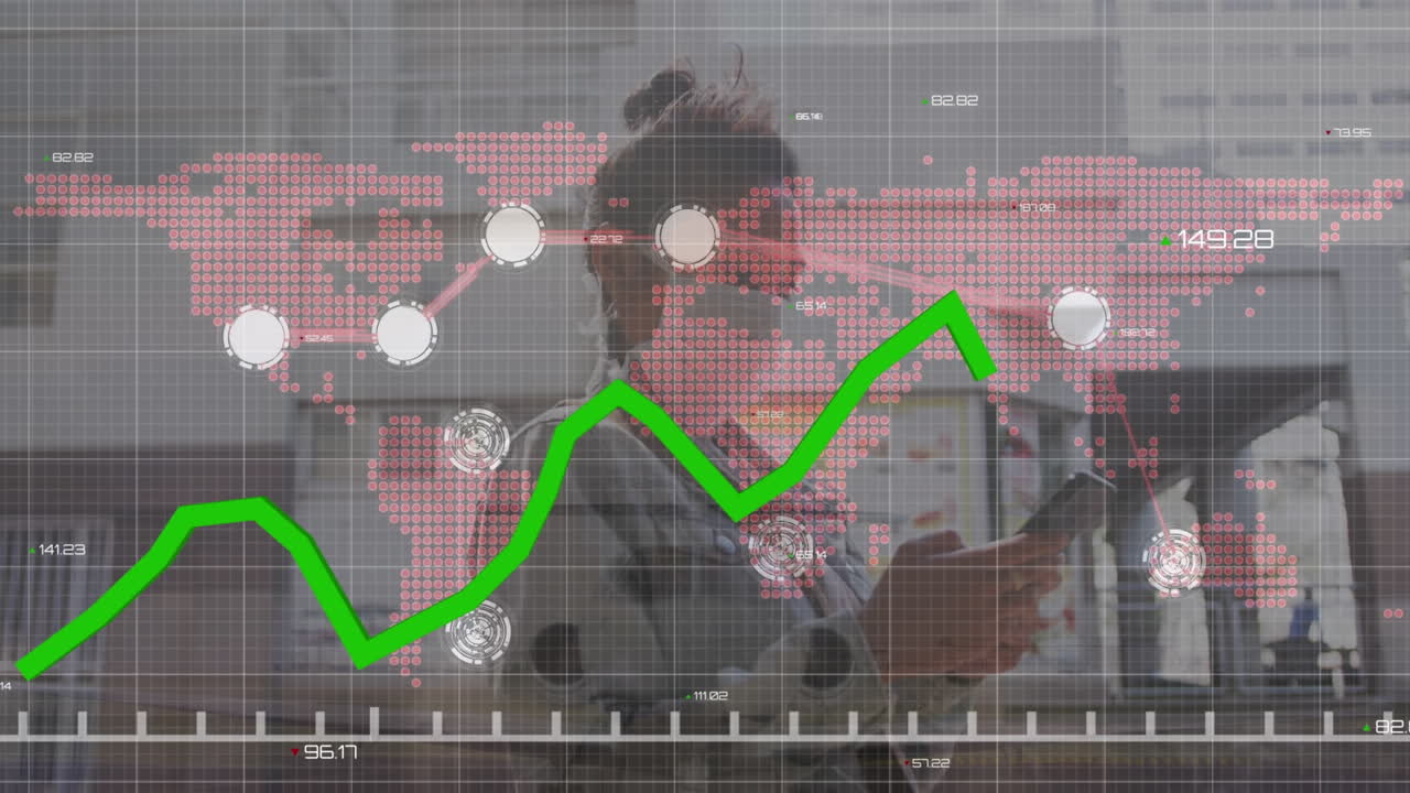 анимация статистики и обработка финансовых данных по женщине в маске и сетке