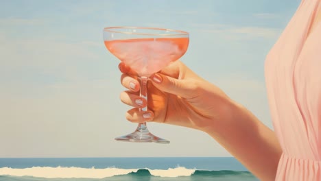 a close-up video still of a hand holding a pink cocktail against a serene ocean backdrop