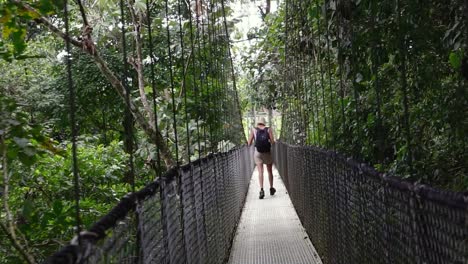 Girl-walks-across-a-suspension-bridge-in-Costa-Rica's-cloud-forest,-Monte-Verde