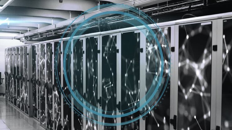 Animation of cyber security text, digital data processing over computer servers