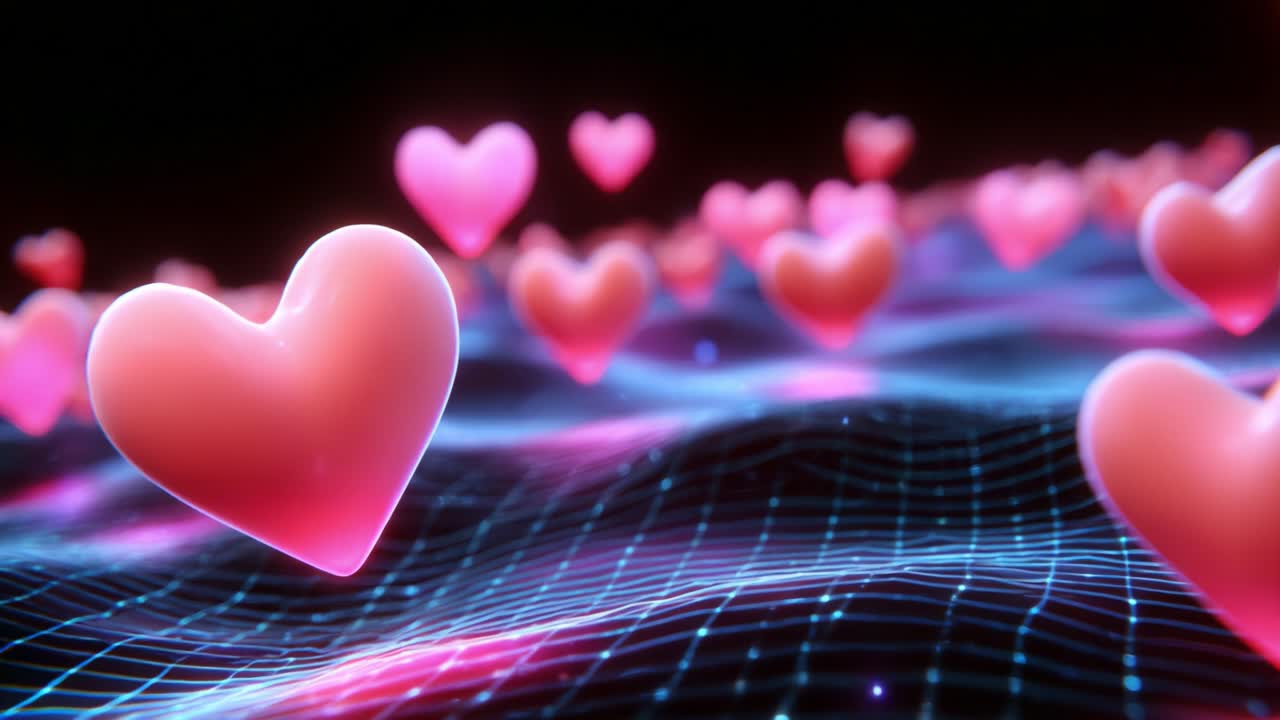 A Captivating Journey Through a Dreamlike Digital Landscape Filled with Floating Hearts, Representing Love and Emotion in an Ethereal, Futuristic Setting Emphasizing Connectivity and Interaction