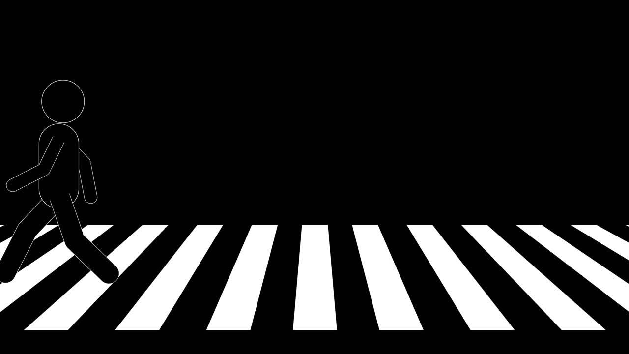 Monochrome stick figure repeatedly walks across striped pedestrian crosswalk in smooth looping animation