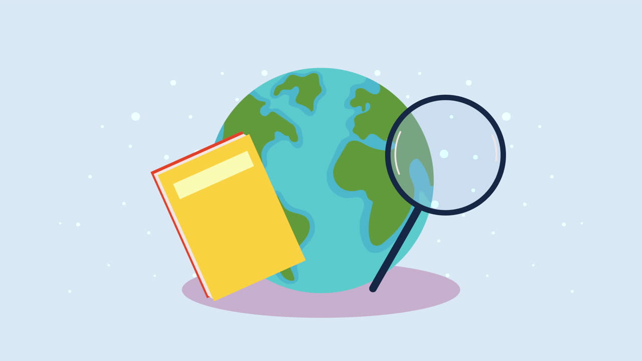 planeta mundo con libro y lupa