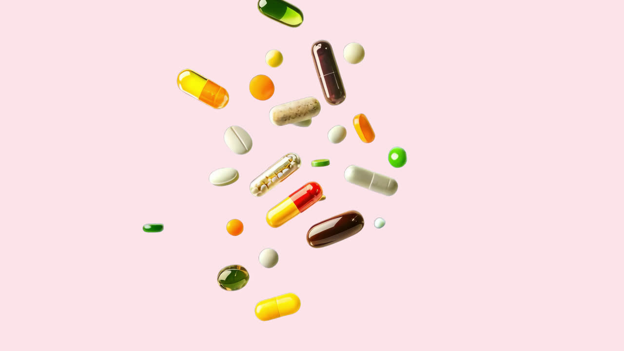 Pills and capsules floating on a pink background
