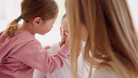 family, makeup and girl with father in a bathroom