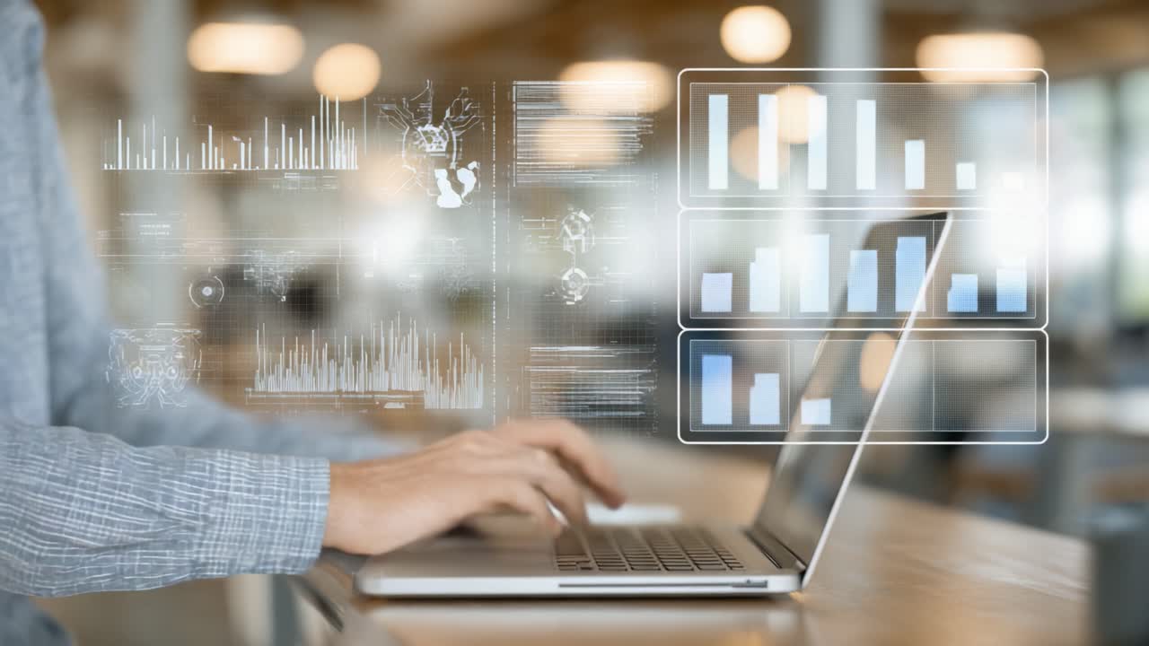 Una persona interactuando con análisis de datos en un portátil, visualizando gráficos y métricas complejos a través de una interfaz interactiva, en un entorno de trabajo moderno.