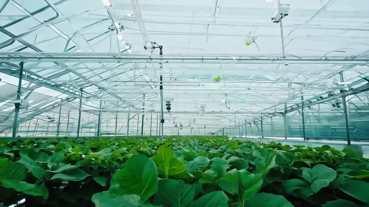 Greenhouse with rows of plants