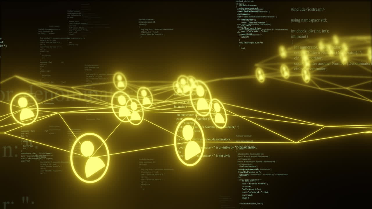 Network of connected user icons and code animation over dark background