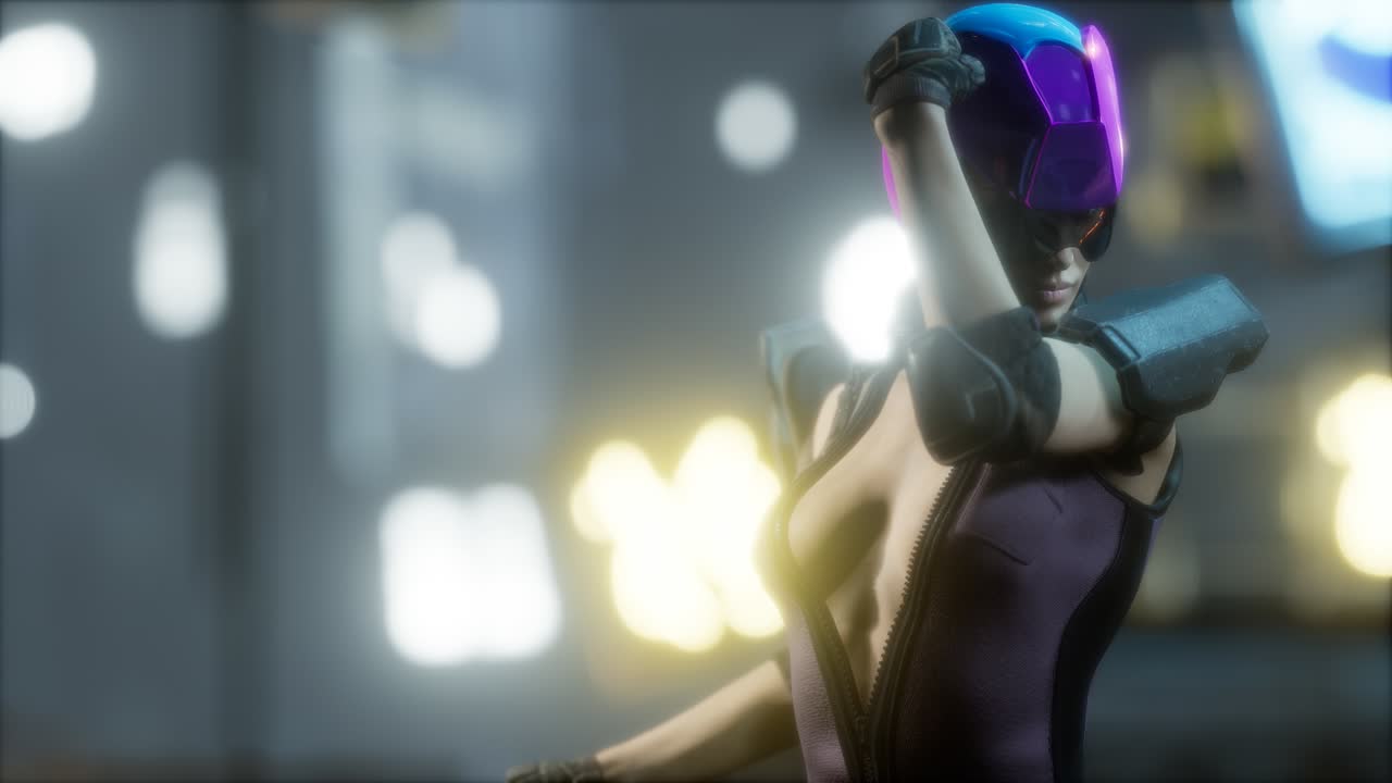 futuro concepto de mujer cyberpunk con luces de neón de la ciudad