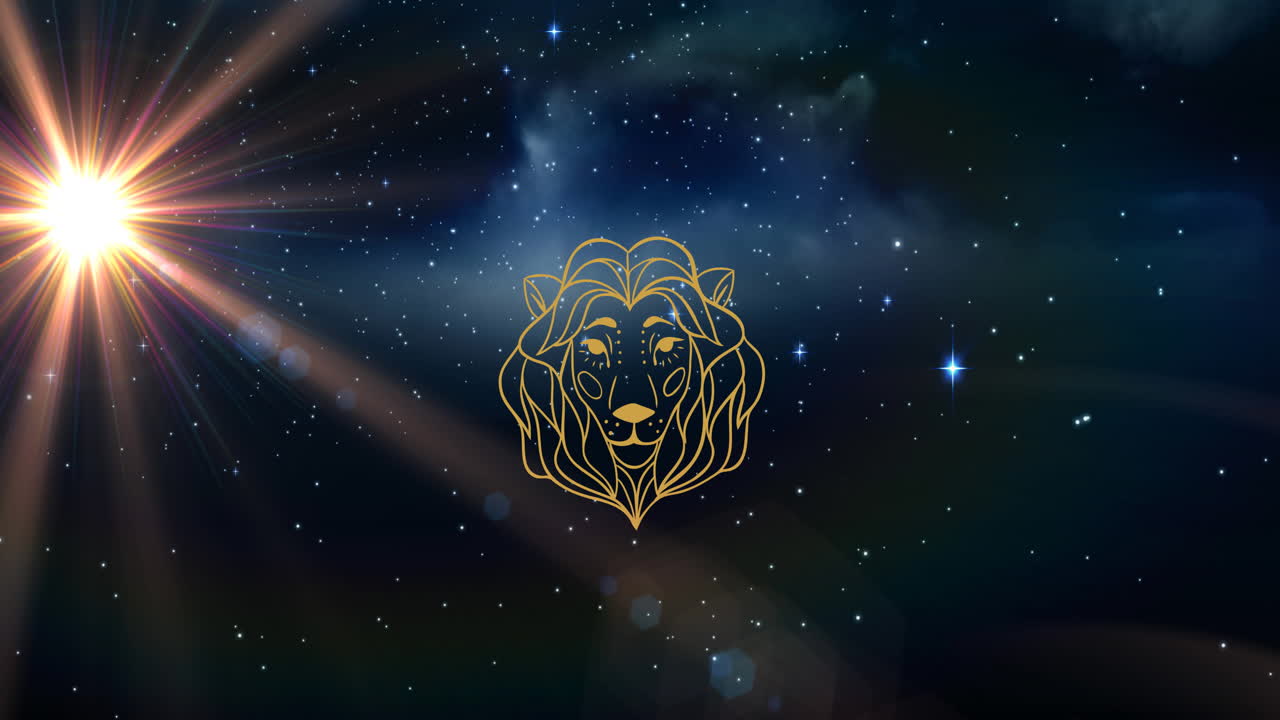 Animation des Sternzeichens Löwe über strahlender Sonne und Sternen am nachtblauen Himmel