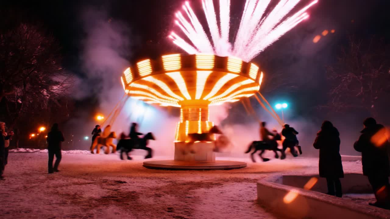 A Spectacular Night of Joy and Wonder Captured in Two Frames of a Whirling Carousel Surrounded by Sparkling Lights and Enthusiastic Riders Enjoying a Fun Carnival Experience