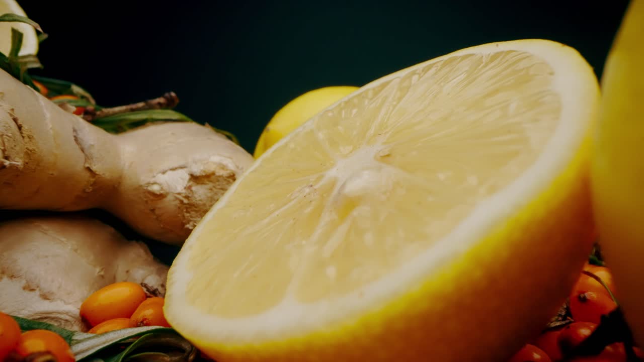 macro Dolly Shot of lemon, ginger and sea ​​buckthorn on a black background.