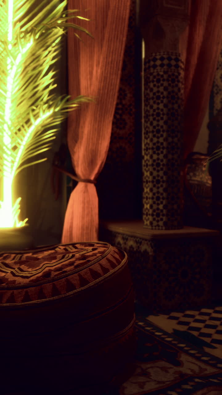 Cozy indoor space with glowing plants and exotic traditional decor