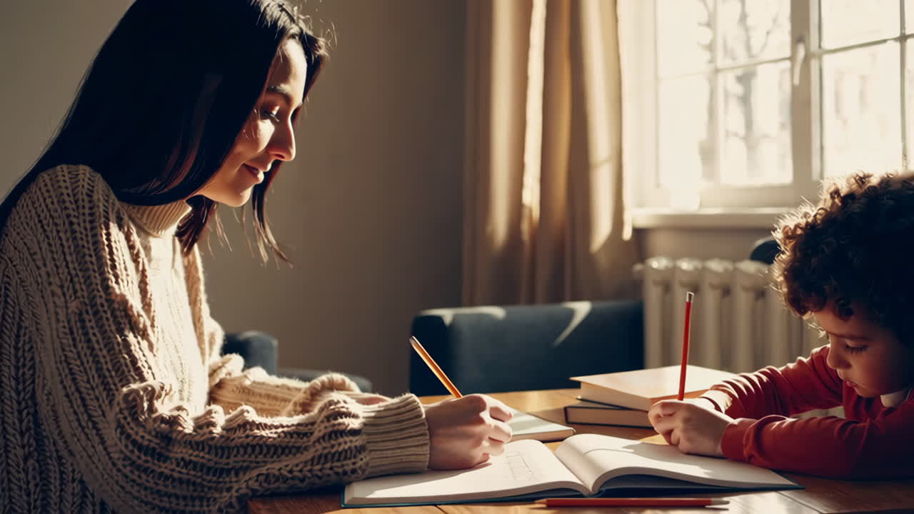Mother and Child Doing Homework Together at Home